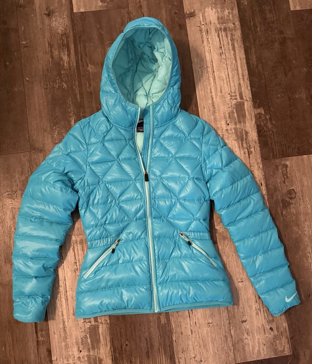 Nike Women’s Down Puffer Jacket Size Small Aqua Turquoise Hooded Quilted
